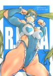  1girl arms_up blonde_hair blue_eyes blue_leotard breasts capcom character_name cleavage closed_mouth clothing_cutout frown hair_pulled_back highres large_breasts leotard long_hair mask rainbow_mika rocohisaya shoulder_cutout solo street_fighter street_fighter_v street_fighter_zero_(series) thick_thighs thighs twintails wrestling_outfit 