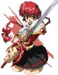  1girl armor bangs black_skirt bow braid braided_ponytail breastplate floating_hair hair_behind_ear hair_bow highres holding holding_sword holding_weapon long_hair magic_knight_rayearth open_mouth red_bow red_eyes red_shirt shidou_hikaru shino_(2919) shirt shoulder_armor skirt smile solo sword two-handed very_long_hair weapon white_bow 