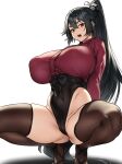  1girl arms_behind_back bangs black_hair breasts covered_nipples highres houtengeki huge_breasts japanese_clothes long_hair long_sleeves looking_at_viewer open_mouth original ponytail red_eyes simple_background solo spread_legs squatting sword thick_eyebrows thighhighs thighs very_long_hair weapon white_background wide_hips 