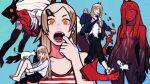  1girl black_necktie black_pants blonde_hair blood blood_devil_(chainsaw_man) blood_in_hair blood_on_face blue_background blue_jacket cat censored chainsaw_man character_censor collared_shirt cross-shaped_pupils extra_arms finger_in_own_mouth hair_over_breasts hair_over_one_eye hemokinesis highres horns intestines jacket jbbetz looking_at_another looking_at_viewer meowy_(chainsaw_man) necktie novelty_censor open_mouth orange_eyes pants pants_rolled_up pochita_(chainsaw_man) power_(chainsaw_man) red_horns scythe sharp_teeth shirt shirt_partially_tucked_in shorts simple_background smile striped striped_shirt sweater symbol-shaped_pupils teeth white_cat white_shirt white_sweater 