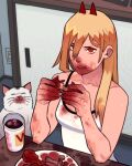  1girl bangs blonde_hair camisole chainsaw_man chewing chicken_(food) closed_eyes cup food hair_over_one_eye highres holding holding_food horns jbbetz long_hair looking_to_the_side meowy_(chainsaw_man) messy power_(chainsaw_man) red_eyes red_horns ringed_eyes sharp_teeth solo_focus sweat teeth white_camisole 