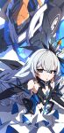  1girl :o bare_shoulders black_sleeves bronya_zaychik commentary_request detached_sleeves dress ecliygame grey_eyes grey_hair highres honkai_(series) honkai_impact_3rd layered_dress long_hair long_sleeves looking_at_viewer parted_lips pleated_dress robot solo v-shaped_eyebrows very_long_hair white_background white_dress 