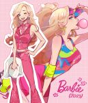  1girl absurdres animification bandana bangs barbie_(character) barbie_(franchise) barbie_(live_action) bike_shorts blonde_hair blue_eyes blush breasts character_name chewing_gum cleavage collarbone copyright_name cowboy_hat earrings emi_star english_commentary hand_on_hip hat highres holding holding_clothes holding_hat jewelry leaning_forward long_hair medium_breasts multicolored_tank_top multiple_views one_eye_closed open_mouth pants parted_lips pink_background pink_bandana pink_pants pink_shorts pink_tank_top pink_vest purple_headwear shorts smile star_(symbol) star_earrings tank_top vest visor_cap white_headwear 