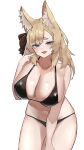  1girl :d animal_ears arknights bangs bare_arms bare_shoulders bikini black_bikini blonde_hair blue_eyes breasts commentary_request cowboy_shot hand_up highres horse_ears huge_breasts long_hair looking_at_viewer navel open_mouth simple_background smile solo standing stomach swimsuit thick_eyebrows thighs unknownnoname0 whislash_(arknights) white_background 