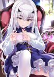  1girl bangs blue_dress breasts brown_eyes chair dress fairy_knight_lancelot_(fate) fairy_knight_lancelot_(second_ascension)_(fate) fate/grand_order fate_(series) forked_eyebrows glass_bottle grin heart heart_hands highres hitsujibane_shinobu light_rays long_hair long_sleeves looking_at_viewer panties sidelocks sitting small_breasts smile solo thighhighs thighs underwear white_hair white_panties white_thighhighs 