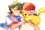  1boy ash_ketchum blue_jacket brown_eyes chitozen_(pri_zen) clothed_pokemon commentary_request fist_bump green_hair grin hat highres jacket male_focus one_eye_closed pikachu pokemon pokemon_(anime) pokemon_(creature) pokemon_journeys red_headwear shirt short_hair short_sleeves sleeveless sleeveless_jacket smile t-shirt teeth twitter_username upper_body watermark white_shirt 