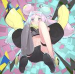  1girl @_@ arms_up bangs black_shorts blush boots character_hair_ornament commentary_request cropped_shirt green_hair grey_eyes grey_footwear grey_shirt grey_thighhighs grin hair_ornament iono_(pokemon) jacket miyako_(naotsugu) multicolored_hair navel pink_hair pokemon pokemon_(game) pokemon_sv sharp_teeth shirt shorts single_thighhigh sleeveless sleeveless_shirt smile solo teeth thighhighs twintails two-tone_hair yellow_jacket 