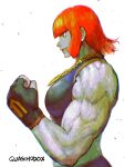  1girl absurdres artist_name bangs biceps black_gloves black_sports_bra blunt_bangs breasts chain chain_necklace clenched_hand fingerless_gloves gloves gold_chain high_contrast highres jewelry large_breasts marisa_(street_fighter) muscular muscular_female necklace portrait quasimodox red_eyes red_hair short_hair sidelocks sleeveless solo sports_bra street_fighter street_fighter_6 veins veiny_arms white_background 