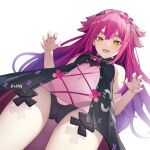  1girl absurdres bare_shoulders black_dress black_panties blush breasts cameltoe claw_pose cowboy_shot do2mi_doreimi dress dutch_angle fenrir_(tower_of_fantasy) fingernails hair_flaps highres long_fingernails long_hair navel open_mouth panties pantyshot pink_hair pink_nails see-through see-through_dress simple_background sleeveless sleeveless_dress small_breasts solo thick_eyebrows tower_of_fantasy underwear white_background yellow_eyes 