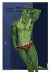  anthro athletic athletic_male clothing dinosaur dinosaurs_(series) hi_res invalid_tag iudicium86 leaning_on_object locker_room male nipples pulling_down_underwear reptile robbie_sinclair scalie solo teasing underwear 