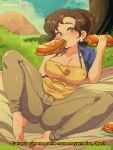  1980s_(style) 1girl barefoot bluethebone blush breasts brown_eyes brown_hair brown_pants cleavage collarbone commentary covered_nipples earrings english_commentary english_text food grass highres holding holding_food jewelry large_breasts looking_at_viewer m_legs mature_female outdoors paldea_mother pants patreon_username pokemon pokemon_(game) pokemon_sv retro_artstyle sandwich sexually_suggestive short_hair solo subtitled toenails toes 