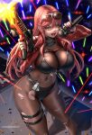  1girl absurdres bangs bikini bikini_over_clothes black_bikini bodystocking breasts cleavage covered_navel enmanuelart20 eyewear_on_head goddess_of_victory:_nikke gun highres jacket large_breasts leather leather_jacket long_hair long_sleeves microphone open_clothes open_jacket open_mouth orange_eyes red_hair red_jacket sidelocks smile solo sunglasses swimsuit thighs torn_bodystocking torn_clothes volume_(nikke) weapon 