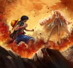  1014734693 2boys absurdres belt black_hair black_shirt blonde_hair blood clenched_hand coat donquixote_doflamingo feather_coat fighting_stance fire floral_print fur_trim hat_on_back highres long_sleeves looking_at_another monkey_d._luffy multiple_boys one_piece open_clothes open_mouth orange_background pink_coat red_belt shirt short_hair short_sleeves shorts smile smoke sunflower_print sunglasses white_shirt wreckage yellow_belt 