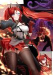  1girl absurdres arknights asymmetrical_clothes black_panties blue_eyes breasts clenched_teeth fire half-skirt highres large_breasts long_hair luosicheng_5 panties pantyshot red_hair tail teeth tentacles thighhighs toddifons_(arknights) twintails underwear 