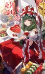  1girl apple apple_slice bangs birthday_cake cake cherry clothing_cutout commentary_request day dessert dress english_text flower food frilled_ribbon frills fruit grapes green_eyes green_hair green_nails grin hair_ornament hair_ribbon happy_birthday heart heart-shaped_cake highres holding holding_plate indoors kagiyama_hina kiwi_(fruit) kiwi_slice long_dress long_hair looking_at_viewer nomu_(29_nom) plate puffy_short_sleeves puffy_sleeves red_dress revision ribbon rose short_sleeves shoulder_cutout sitting smile solo sparkle strawberry sunlight touhou translated 