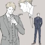  1boy blonde_hair blue_necktie brown_footwear collared_shirt cowboy_shot formal full_body grey_suit grey_vest hands_in_pocket jujutsu_kaisen long_sleeves male_focus nanami_kento necktie parted_lips pinstripe_pattern pinstripe_suit shirt short_hair solo standing striped suit vest white_shirt ykrrr23 