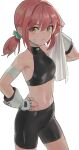  1girl bandaid bandaid_on_cheek bandaid_on_face bare_shoulders bike_shorts breasts closed_mouth collarbone commentary fingerless_gloves gloves hair_between_eyes hair_ornament hand_on_hip highres holding holding_towel looking_at_viewer midriff navel original rang_go red_hair short_hair simple_background small_breasts solo sweat symbol-only_commentary towel white_background white_gloves yellow_eyes 