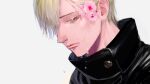  1boy black_shirt blonde_hair brown_eyes cherry_blossoms closed_eyes collared_shirt commentary crying flower hair_flower hair_ornament jujutsu_kaisen jujutsu_tech_uniform looking_at_viewer male_focus nana_suko nanami_kento portrait shirt short_hair solo symbol-only_commentary tears 