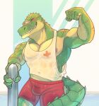  + 2020 5_fingers absurd_res anthro arm_scar bandage_on_nose blush bottomwear clothed clothing countershading crocodile crocodilian crocodylid digital_media_(artwork) eyes_closed facial_scar fingers flexing_bicep green_body green_scales grin hi_res league_of_legends lifeguard male muscular muscular_anthro muscular_male neck_ridge nipples non-mammal_nipples pecs red_bottomwear red_clothing red_shorts renekton reptile riot_games scales scalie scar sharp_teeth shirt shorts signature simple_background smile solo standing swimming_trunks swimwear tail_ridge tank_top teeth topwear translucent translucent_clothing video_games water wet wet_body wet_scales white_background xeoniios yellow_body yellow_scales 
