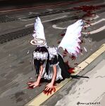  1girl all_fours angel angel_wings black_dress black_hair blood blood_on_hands blood_splatter commentary dress english_commentary feathered_wings feathers full_body halo highres long_hair maid maid_headdress mushymoss on_ground original road solo spread_wings tire_mark twitter_username white_wings wings 