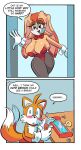  2_panel_comic absurd_res age_difference anthro big_breasts blush bow_tie breast_squish breasts bunny_costume canid canine clothing costume dialogue duo english_text female fox glassfish hi_res huge_breasts lagomorph leporid male mammal mature_female miles_prower rabbit sega sonic_the_hedgehog_(series) squish text vanilla_the_rabbit younger_male 