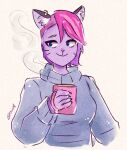  2020 anthro blue_eyes clothing domestic_cat ear_piercing felid feline felis female fur grymmeoir mammal monster_prom mug piercing purple_body purple_fur side_shave smile solo sweater topwear traditional_media_(artwork) valerie_oberlin_(monster_prom) 