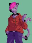  2020 anthro brandt_(artist) clothing cute_fangs domestic_cat ear_piercing ear_ring felid feline felis female green_background hair hand_in_pocket hi_res hoodie mammal monster_prom piercing pink_hair pockets purple_hair ring_piercing side_shave simple_background solo topwear valerie_oberlin_(monster_prom) 