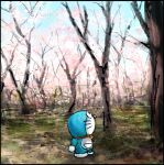  2016 anthro bell black_border blue_body blue_fur blue_sky border cherry_blossom collar day domestic_cat doraemon doraemon_(character) felid feline felis fur grass looking_up machine male mammal mt_tg outside plant pouch_(anatomy) red_collar red_nose robot shaded side_view sky solo standing tree whiskers white_body white_fur 