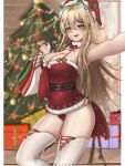  1girl :d alternate_costume animal_ears artist_name bag blonde_hair blurry blurry_background blush box breasts bwcloud cameltoe chinese_commentary christmas christmas_tree cleavage dress ear_piercing english_commentary fake_animal_ears feet_out_of_frame fur-trimmed_dress fur_collar fur_trim gift gift_bag gift_box goddess_of_victory:_nikke green_eyes hair_between_eyes hat highres holding holding_bag large_breasts long_hair looking_at_viewer mixed-language_commentary open_mouth outstretched_arm panties piercing pom_pom_(clothes) red_dress red_panties rupee_(nikke) santa_dress santa_hat short_dress sidelocks smile solo standing straight_hair strapless strapless_dress thighhighs thighs tube_dress underwear waist_cape white_thighhighs 