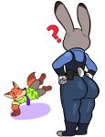  anthro big_butt butt canid canine clothed clothing confusion dancing disney duo female fox hi_res judy_hopps juicyman lagomorph leporid male mammal nick_wilde rabbit rear_view zootopia 
