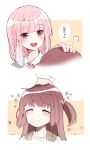  2girls bangs brown_hair chinese_commentary christy_mii closed_eyes closed_mouth collared_shirt commentary_request happy headpat heart highres long_hair magia_record:_mahou_shoujo_madoka_magica_gaiden mahou_shoujo_madoka_magica medium_hair multiple_girls open_mouth parted_bangs pink_eyes pink_hair satomi_touka shirt smile tamaki_iroha translation_request two_side_up white_shirt 