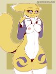  3:4 absurd_res anthro bandai_namco black_sclera blue_eyes breasts canid canine clothing digimon digimon_(species) female fur genitals hand_on_breast hi_res legwear looking_at_viewer mammal neck_tuft nipples portrait pussy renamon solo the_man thigh_highs three-quarter_portrait tuft white_body white_fur yellow_body yellow_fur 