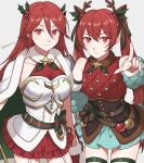  2girls antlers breasts cape christmas cleavage cordelia_(fire_emblem) detached_sleeves dress fake_antlers fire_emblem fire_emblem_awakening fire_emblem_fates fire_emblem_heroes frilled_dress frills garter_straps gloves highres long_hair looking_at_viewer mistletoe_hair_ornament mother_and_daughter multiple_girls official_alternate_costume peach11_01 pointing pointing_at_viewer red_dress red_eyes red_gloves reindeer_antlers selena_(fire_emblem_fates) small_breasts smile thighs twintails very_long_hair watermark white_cape 