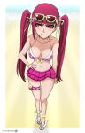  1girl absurdres arm_at_side bangs bare_legs bare_shoulders barefoot beach belly belt bikini bleach blunt_bangs blush breasts calflet cleavage collarbone dokugamine_riruka eyelashes framed full_body green-framed_eyewear hair_ribbon hand_on_hip highres long_hair long_legs looking_at_viewer medium_breasts midriff mistowing navel orange_eyes pink_bikini reaching_towards_viewer red_hair ribbon ribbon-trimmed_bikini sandals simple_background smile solo standing straight_hair sunglasses swimsuit thigh_belt thigh_strap twintails very_long_hair wing_ornament yellow_ribbon 