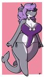  2019 anthro big_breasts breasts cleavage clothed clothing collar dogfluid female fish furgonomics furry-specific_piercing grey_body grey_tail hair hi_res huge_hips marine multicolored_body multicolored_clothing piercing purple_clothing purple_eyes purple_hair shark solo tail_piercing thick_thighs two_tone_body two_tone_clothing white_body white_clothing 