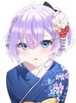  1girl blue_eyes blue_kimono bow braid commentary double_bun flower hair_bow hair_bun hair_flower hair_ornament hairclip highres indie_virtual_youtuber japanese_clothes kimono looking_at_viewer one_side_up portrait purple_hair red_flower rocksnotrock shizukou short_hair side_braid simple_background smile solo symbol-only_commentary tongue tongue_out white_background white_flower yellow_bow 