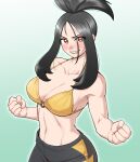  1girl bangs bare_arms bikini bikini_top_only black_hair black_pants blush breasts brown_eyes cleavage clenched_hands collarbone commentary_request dendra_(pokemon) green_background highres looking_at_viewer nutkingcall o-ring o-ring_bikini pants pokemon pokemon_(game) pokemon_sv smile solo swimsuit yellow_bikini 