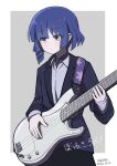  1girl absurdres bangs bass_guitar blue_hair blue_jacket bocchi_the_rock! closed_mouth collared_shirt expressionless hair_ornament highres holding holding_instrument instrument jacket kaidouzy long_sleeves looking_ahead mole mole_under_eye shirt short_hair solo standing yamada_ryou yellow_eyes 