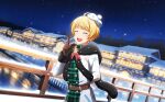  1boy ahoge arm_behind_back bangs belt blonde_hair blush brown_gloves buttons closed_eyes coat gloves hat highres idolmaster idolmaster_side-m idolmaster_side-m_live_on_stage! male_focus night night_sky official_art open_mouth pierre_bichelberger sky smile snowflake_print star_(sky) star_(symbol) starry_sky teeth third-party_source upper_teeth white_coat white_headwear 
