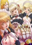  4girls blonde_hair breasts breasts_out character_request fith gloves green_eyes jewelry long_sleeves looking_at_viewer maid maid_headdress medium_hair multiple_girls multiple_rings open_mouth orange_eyes outstretched_hand overlord_(maruyama) red_eyes ring rurukichi short_hair spread_legs teeth thighhighs undressing upper_teeth upskirt white_gloves 