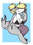  2019 anthro big_breasts black_clothing breasts cleavage clothed clothing dogfluid fangs female fish grey_body grey_tail hi_res huge_breasts marine multicolored_body one_eye_closed open_mouth paws shark solo swimwear topwear two_tone_body underwear white_body yellow_body yellow_eyes 