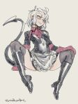  1girl absurdres apron artist_name ascot bangs boots breasts demon_horns demon_tail grey_background grey_eyes grey_hair grin helltaker highres horns justice_(helltaker) knee_boots looking_at_viewer noah_(tettsui-sole) official_alternate_costume red_ascot red_shirt shirt short_hair simple_background sketch small_breasts smile solo spread_legs tail teeth thighhighs waist_apron 