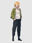  1girl android_18 black_pants blonde_hair blue_eyes closed_mouth dragon_ball dragon_ball_z full_body green_jacket grey_background jacket kemachiku long_sleeves looking_to_the_side pants red_ribbon_army shirt short_hair simple_background solo standing white_shirt 