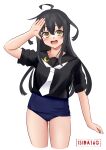  1girl ahoge artist_name ass_visible_through_thighs black_hair black_sailor_collar black_shirt blue_one-piece_swimsuit cowboy_shot crescent crescent_pin highres ishida_arata kantai_collection long_hair looking_at_viewer mikazuki_(kancolle) neckerchief open_mouth sailor_collar salute school_swimsuit shirt short_sleeves simple_background smile solo swimsuit swimsuit_under_clothes white_background yellow_eyes yellow_neckerchief 