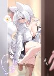  1girl 1other animal_ear_fluff animal_ears artist_name black_bra blurry blurry_background blurry_foreground blush bra breasts brown_pantyhose collarbone eyelashes feet foot_out_of_frame grey_hair hand_on_own_leg highres indie_virtual_youtuber lace_trim large_breasts legs long_hair long_sleeves looking_to_the_side miniskirt no_shoes off_shoulder out_of_frame pantyhose partially_unbuttoned pencil_skirt pomemiyarino pov purple_eyes removing_legwear see-through see-through_legwear shirt signature skirt sleeves_past_wrists sound_effects standing standing_on_one_leg thighs thought_bubble toenails toes twitter_username underwear virtual_youtuber watermark white_shirt 