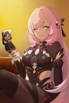  1girl bangs blue_eyes breasts cleavage cleavage_cutout closed_mouth clothing_cutout cosplay couch dress eden_(honkai_impact) eden_(honkai_impact)_(cosplay) elf elysia_(honkai_impact) gloves hair_ornament highres holding_goblet honkai_(series) honkai_impact_3rd long_hair long_sleeves looking_at_viewer one_eye_closed pink_hair pointy_ears purple_dress purple_gloves sitting smile solo tongue tongue_out yellow_background yuki_(rfi5607) 
