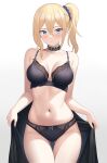  1girl bangs bare_shoulders black_bra black_panties blonde_hair blue_eyes blue_scrunchie blush bra breasts cleavage collar collarbone hair_between_eyes hair_ornament hair_scrunchie hayasaka_ai highres kaguya-sama_wa_kokurasetai_~tensai-tachi_no_renai_zunousen~ large_breasts long_hair looking_at_viewer medium_hair navel panties scrunchie side_ponytail sidelocks solo thighs underwear vodka13 white_background 