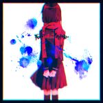  1girl arms_behind_back black_border black_serafuku black_socks blurry border brown_hair chromatic_aberration clenched_hands commentary enpera facing_back feet_out_of_frame from_behind kagerou_project long_sleeves mekakucity_actors muuta04 paint_splatter pleated_skirt red_scarf scarf school_uniform serafuku simple_background skirt socks solo tateyama_ayano translated white_background 