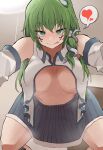  1girl :p absurdres bangs blue_eyes blue_skirt blush breasts breasts_apart closed_mouth collared_shirt commentary_request cookie_(touhou) covered_nipples cross detached_sleeves facepaint feet_out_of_frame frog_hair_ornament green_hair hair_between_eyes hair_ornament hair_tubes heart highres kochiya_sanae large_breasts long_hair looking_at_viewer odoro_(nicoseiga81184094) open_clothes open_shirt paseri_(cookie) pleated_skirt shirt single_sidelock skirt sleeveless sleeveless_shirt smile snake_hair_ornament solo spoken_heart tongue tongue_out touhou unbuttoned unbuttoned_shirt white_shirt white_sleeves 