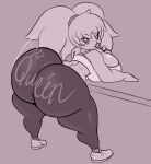  big_breasts big_butt bottomwear breasts butt candy clothed clothing dessert female food footwear hi_res humanoid kirbot12 logo lollipop monochrome pants shaking_butt shoes simple_background solo tight_clothing topwear xenette 
